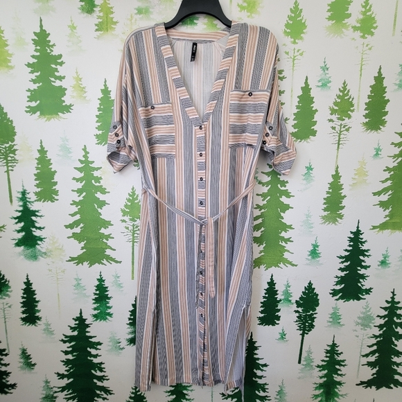 RVCA Womens' Tan Black White Circus Striped Midi Shirt Dress. - Picture 1 of 9